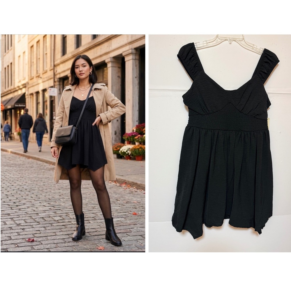 Babydoll Mini Little Black Dress Handkerchief Hem Smocked Waist Whimsigoth Y2K L